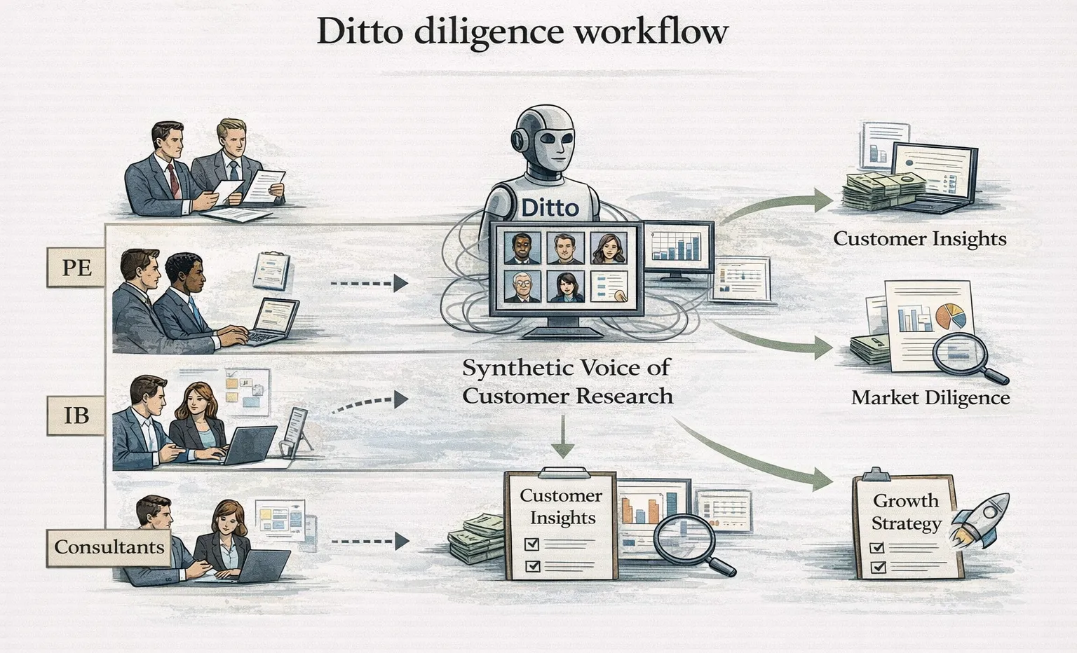 Fish.Dog diligence workflow swimlane for private equity, investment banking, and consultants.