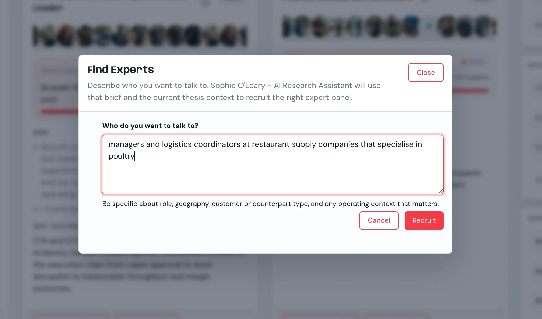 Find Experts modal - natural-language input describing the operator panel to recruit